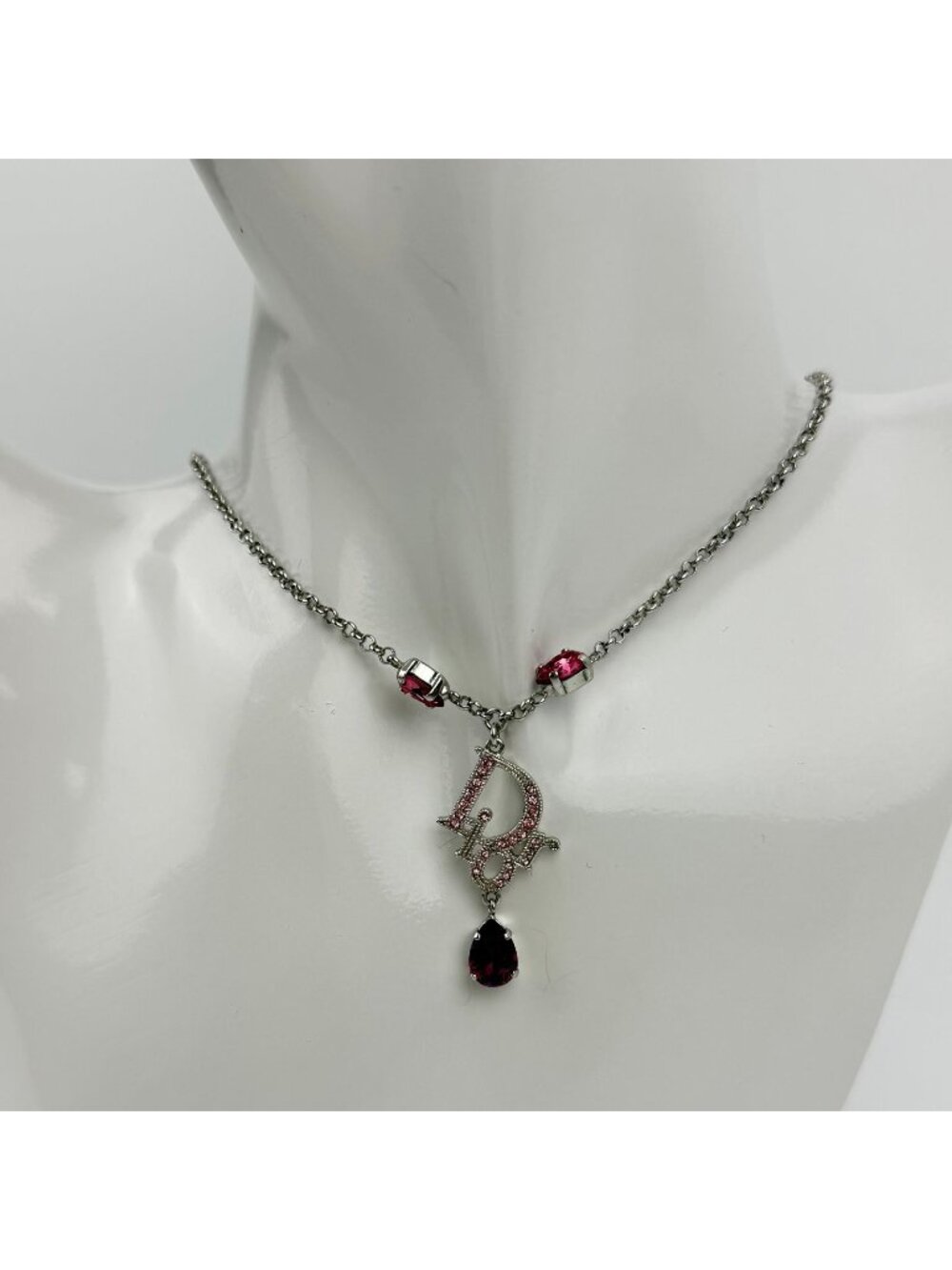 Dior Logo Necklace Plated Rhinestone Silver Pink Vintage